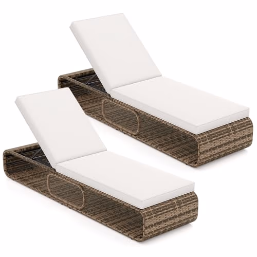 COSTWAY Chaise Longue Jardin Exterieur avec Coussin, Bain de Soleil Inclinable à 7 Positions, Charge 180 kg, Rotin PE, Rangement Inférieur, Transat pour Jardin Piscine Terrasse, 185 × 65 × 86 cm (2)