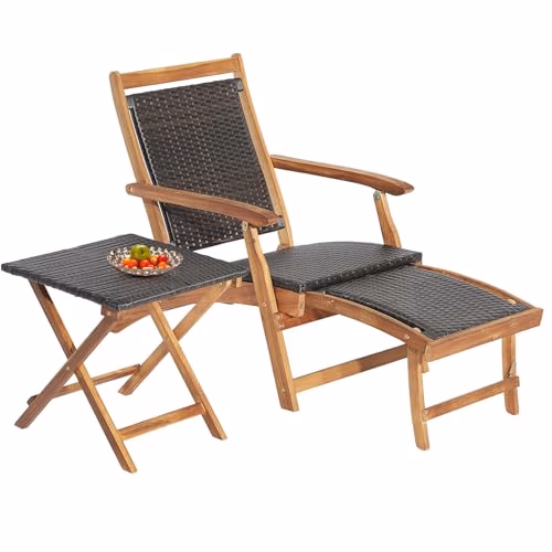 LIFEZEAL Bain de Soleil Pliable Bois Acacia avec Table Basse, Chaise Longue Jardin Extérieur Rotin avec Accoudoirs, Transat avec Repose-Pied Extensible, pour Terrasse, Balcon, Charge 160 kg